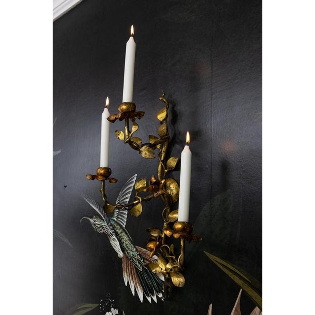 Gold Hollywood Regency Gilt Tole Metal Triple-Arm Floral Wall Candle Sconce, 1970s For Sale - Image 8 of 18