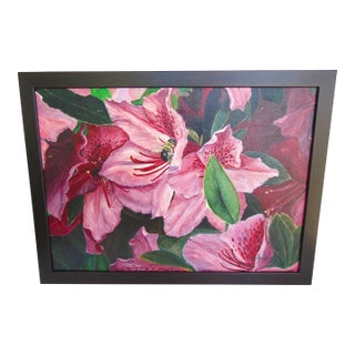 Original Vintage Oil Painting "Azalea and the Bee" 24"w X 18"h" For Sale