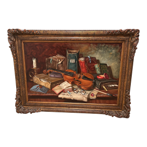 Still Life of Books and Violin by Hungarian Painter