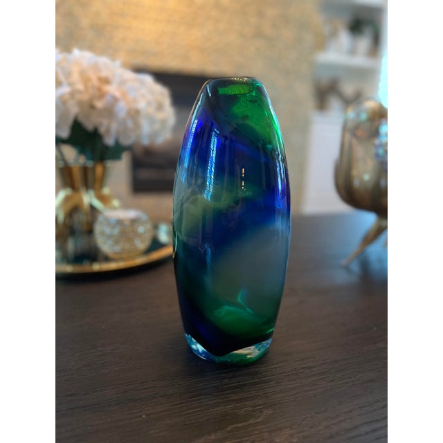 Blue Green glass Swirl Vase 12” tall 5” wide