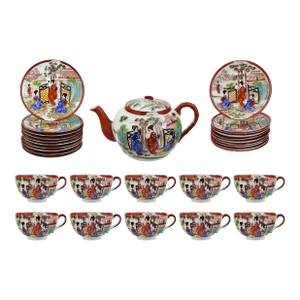 1940s Japanese Geisha Design Hand Painted Eggshell Porcelain Tea/Coffee Dessert Serving Set for 10 People- 31 Pieces