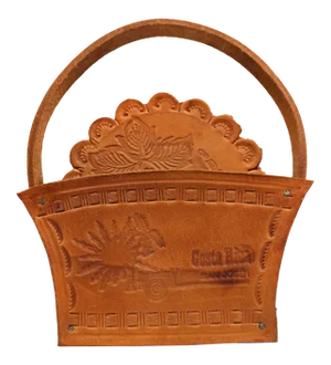 Vintage Late 20th Century Handmade Leather Floral Design Coasters With Holder, Costa Rica - 7 Pieces