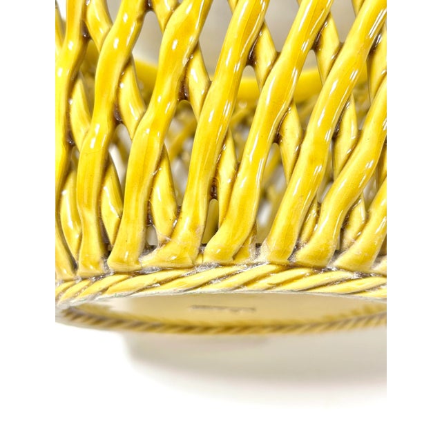 Ceramic Vintage Italian Yellow Porcelain Basket Weave Cachepot - Trompe L’Oeil Woven Planter For Sale - Image 7 of 10