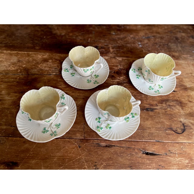 Belleek Pottery Ltd. Antique Belleek Shamrock Teacups and Saucers – Set of 4 (Second Mark 1891–1926) For Sale - Image 4 of 11