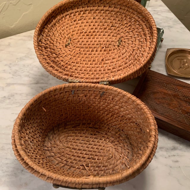 Wood Vintage Asian Wicker Brass Lunch Basket or Purse For Sale - Image 7 of 10
