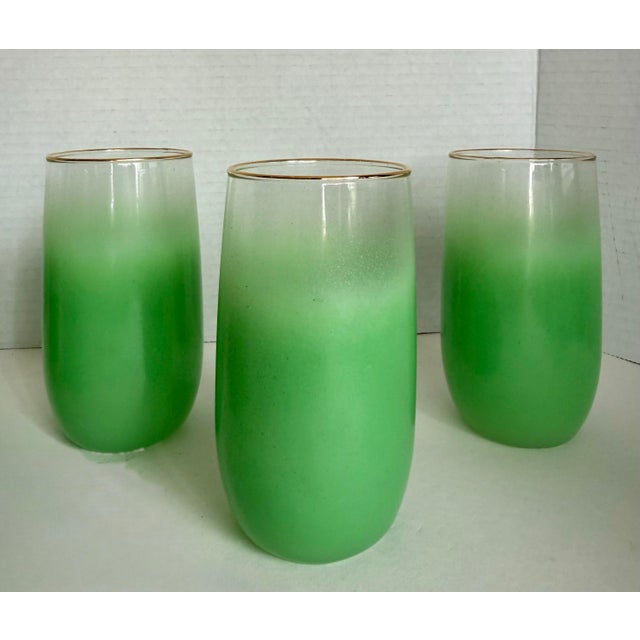 Mid-Century Modern Vintage Green Blendo Frosted Glass Tumblers With Gold Rims - Set of 5 For Sale - Image 3 of 9