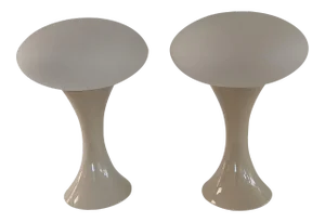 Vintage Large Mushroom Lamps With Ceramic Bases and Glass Shades - a Pair