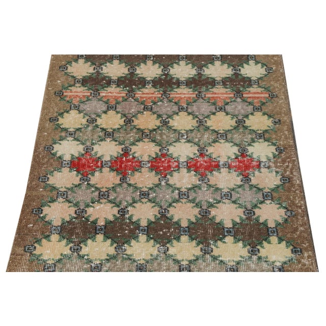 Hand-Knotted Vintage Mid Century Kilim Runner in Green,Blue,Brown,Red Geometric Pattern For Sale - Image 4 of 6
