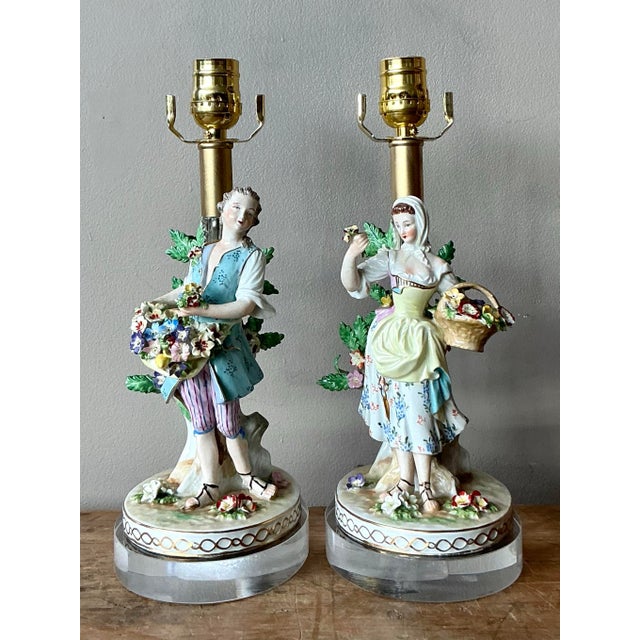 Rococo Vintage Regency German Dresden Porcelain Figure Lamps - A Pair For Sale - Image 3 of 3