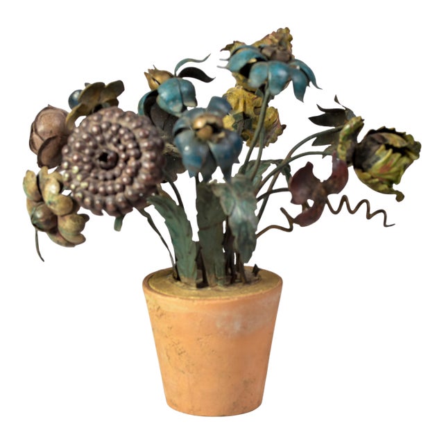 Pair Early 20th C French Metal Tole Flowers in Terracotta Pots For Sale