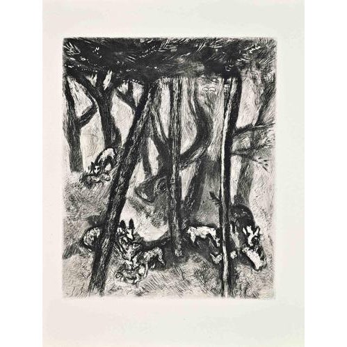 Etching on Montval paper, realized between 1927 and 1930. Table from "Les Fables de La Fontaine", published in 1952 in and...