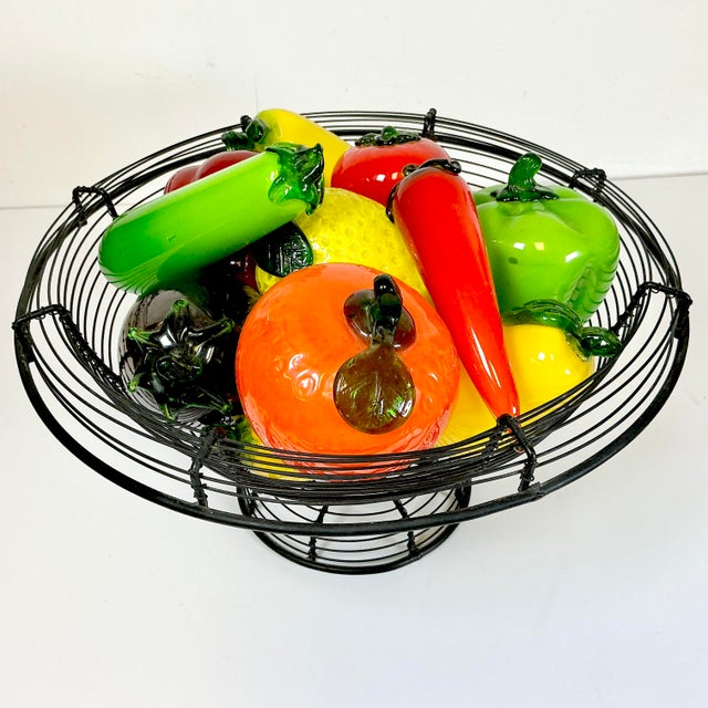 Figurative Mid-Century Italian Venetian Glass Fruit & Vegetables in Wire Bowl Murano Attributed - Set of 13 For Sale - Image 3 of 13