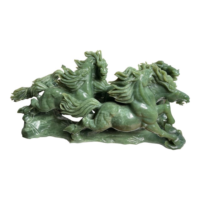 1970s Monumental Running Horses Imperial Jade Sculpture 75 LBS For Sale