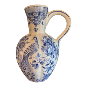 Vintage Hand Painted Delft Peacock and Floral Motif Pitcher