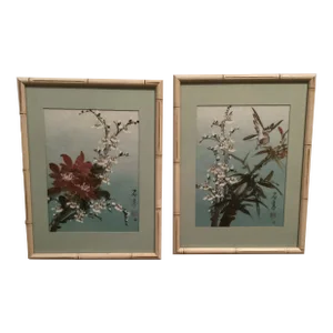 Set of 2 Watercolor Paintings Oriental Floral Themes and Bird With White Blooms. Bamboo Framing, Teal Matting..Each Picture 12.75”Wx16.75”H