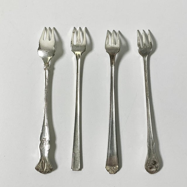 Silver Vintage Boho Chic Hollywood Regency Coastal Eclectic Silverplate Seafood Forks - Set of 4 For Sale - Image 8 of 8