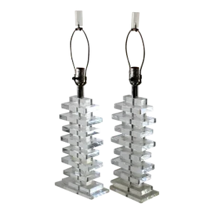Karl Springer Style Stacked "Skyscraper" Lucite Table Lamps Glam Mid-Century Modern-A Pair