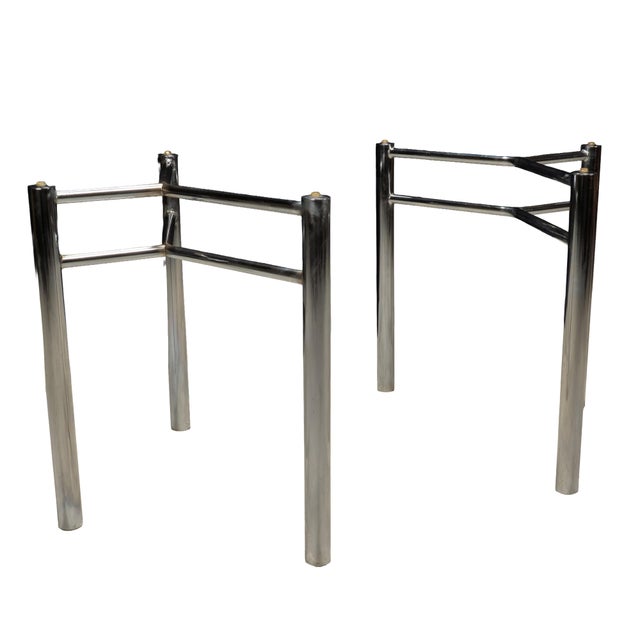Modernist Chrome Glass Dining Table Bases, Set of 2 – Architectural 1970s Style For Sale - Image 10 of 16