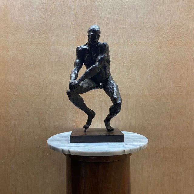 Remarkable French Mid 20th century bronze studio sculpture of a seated male figure model. Mounted to wood base. Signature...