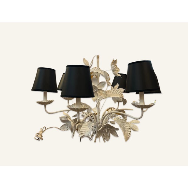 Six arm white lacquered metal chandelier in leaf and flower design. Italian Hollywood Regency with black shades.