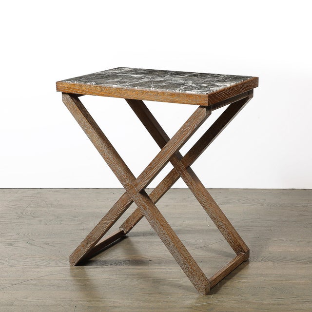 Modernist Oak X Base Side Table W/ Marble Inlayed Top by Mattaliano For Sale - Image 12 of 12