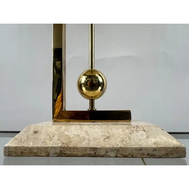 Brass Mid-Century Modern Brass Table Lamp W Marble Base & Original Fabric Shade, Pair For Sale - Image 8 of 16