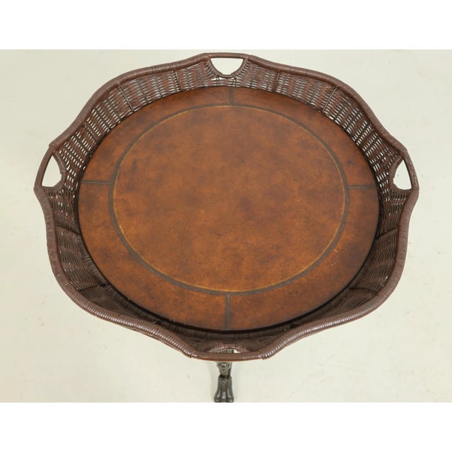 Age: Approx: 25 Years Old Details: Quality Construction Heavy Iron Base w. Bronze Finish Tooled Leather Top w. Wicker...