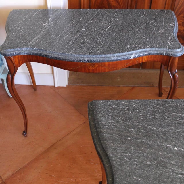 Wood Pair of Edwardian Satinwood Marquetry Console Tables With Marble Tops For Sale - Image 7 of 12