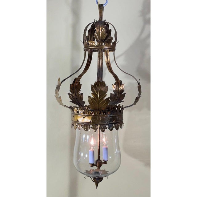 Vintage Gilt Metal Crown Bell Glass Pendant Chandelier Lantern For Sale - Image 9 of 9