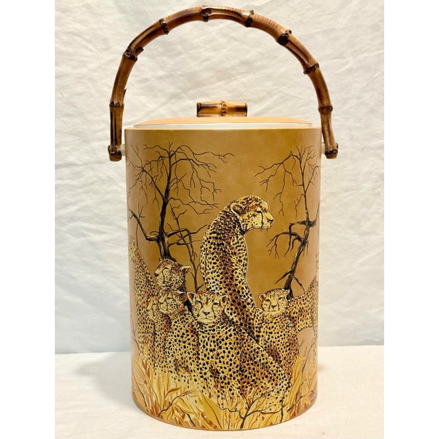 Vintage 1970s Abercrombie & Fitch Cheetah Print Ice Bucket With Faux Bamboo Handle – Retro Safari Home Decor For Sale - Image 10 of 10