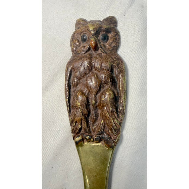 Quality Antique Cold Painted Heavy Brass Figural Owl Desk Article Letter Opener For Sale - Image 4 of 8