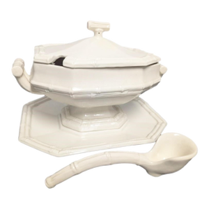 1980s Tureen Ironstone Chinoiserie White Tureen and Underplate with Ladle- Bamboo Design