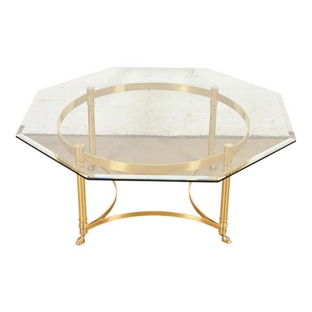 Labarge Hollywood Regency Brass and Glass Hooved Feet Cocktail Table, Circa 1960s For Sale