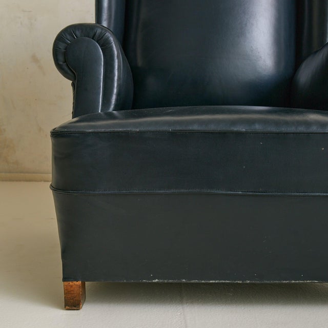 Vintage French Black Leather High-Back Club Chair with Wooden Legs - 2 Available For Sale - Image 17 of 18