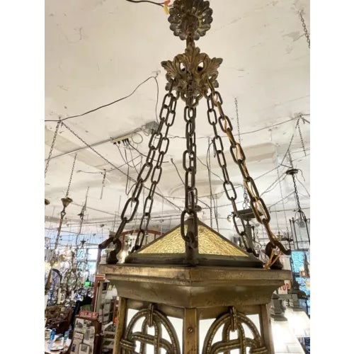 Antique Brass Neo Gothic Three Light Ceiling Pendant Light Celtic Knot Pattern For Sale - Image 10 of 12