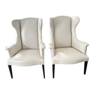 Pair of White Leather Wingbacks by Hickory Chair For Sale