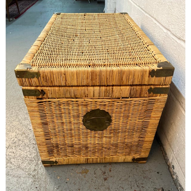 Brass Vintage Asian Chinoiserie Wicker Trunk With Brass Hardware For Sale - Image 8 of 17