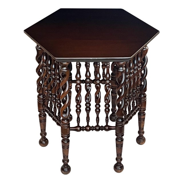 English Arts & Crafts Hexagonal Occasional Table With Openwork Barley Twist Body For Sale