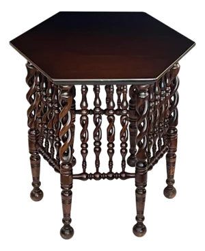 English Arts & Crafts Hexagonal Occasional Table With Openwork Barley Twist Body
