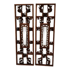 Antique Mid 19th Century Chinese Window Panels With Carvings of Birds and Flowers - a Pair