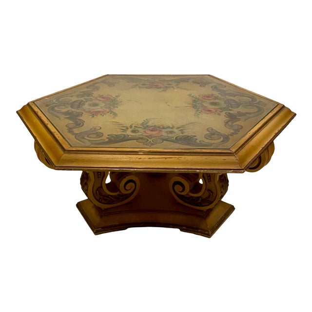 Vintage Italian Florentine Hexagon Coffee Table Hand Painted Gold Gilt Hollywood Regency For Sale