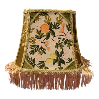 Custom Primavera Botanical Fabric Lampshade With Olive Velvet, Gold Trim & Blush Fringe For Sale