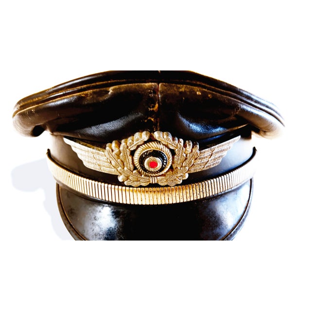 Extremely Rare Surviving WW1-WW2 Era German Luftwaffe Officer's Black Leather Visor Peak Cap, Panzer Division Motorcycle...
