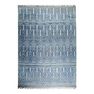 8x12 Blue Hand-Knotted Wool Linear Diamond Grid Tribal Modern Carpet Rug For Sale