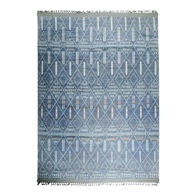 8x12 Blue Hand-Knotted Wool Linear Diamond Grid Tribal Modern Carpet Rug For Sale