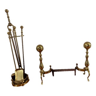 Howes-Marked Brass Fireplace Tool Set and Stand With Cannonball Andirons, Made in Usa For Sale