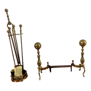 Howes-Marked Brass Fireplace Tool Set and Stand With Cannonball Andirons, Made in Usa