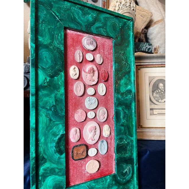 19th Century Italian Grand Tour Intaglio Collection With Painted Faux Malachite Frame For Sale - Image 9 of 12