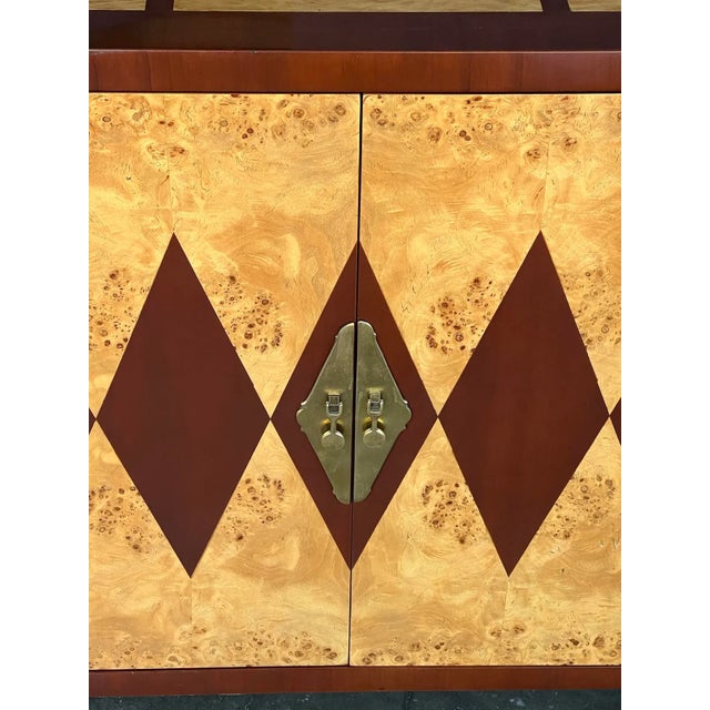 Wood Pair of Mastercraft 1960's Burl Maple and Brass 2-Door Cabinets For Sale - Image 7 of 8