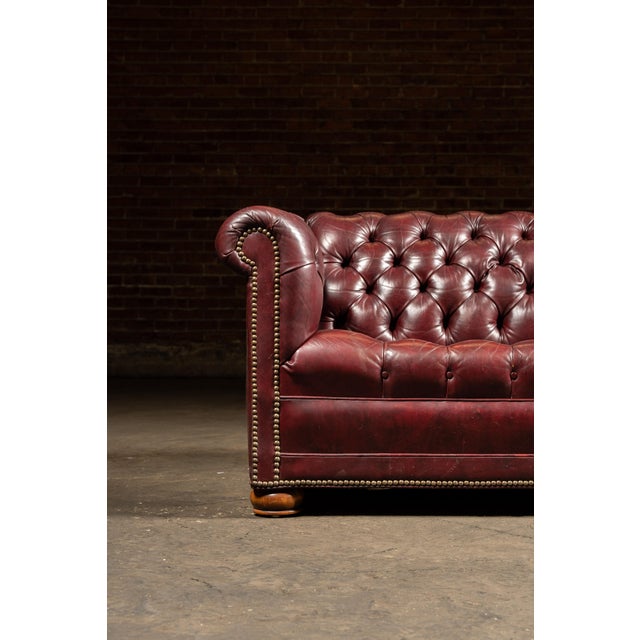 Mid 20th Century Vintage Tufted Leather Chesterfield Sofa in Burgundy For Sale - Image 5 of 11